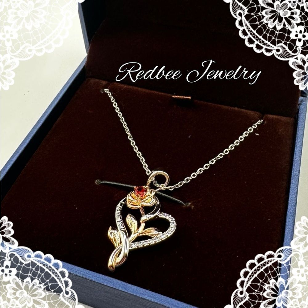 NIB, RG/WG Rose and Heart "I love you" 18k GP over 925 necklace!